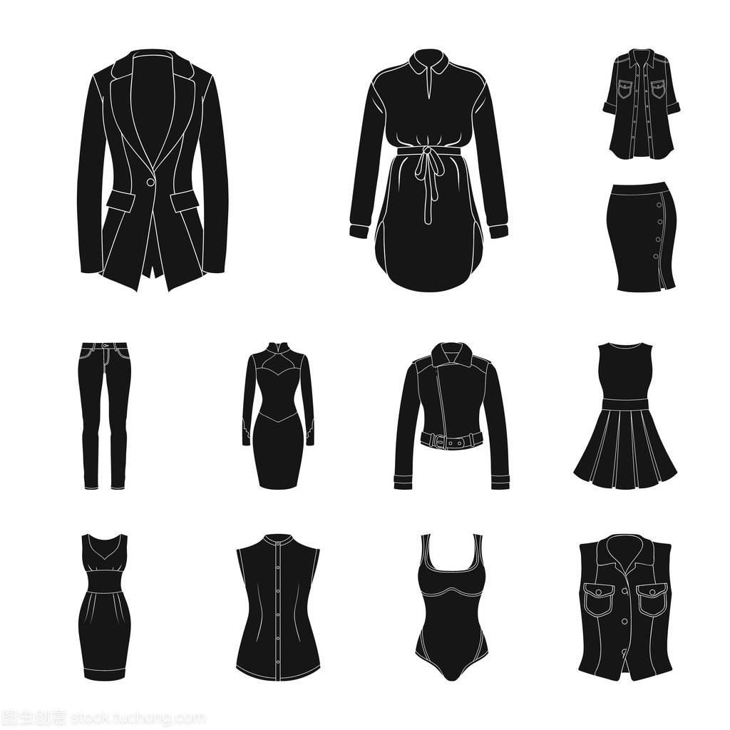 女装黑色图标在集合中设计。服装品种及配件矢量符号股票 web 插图