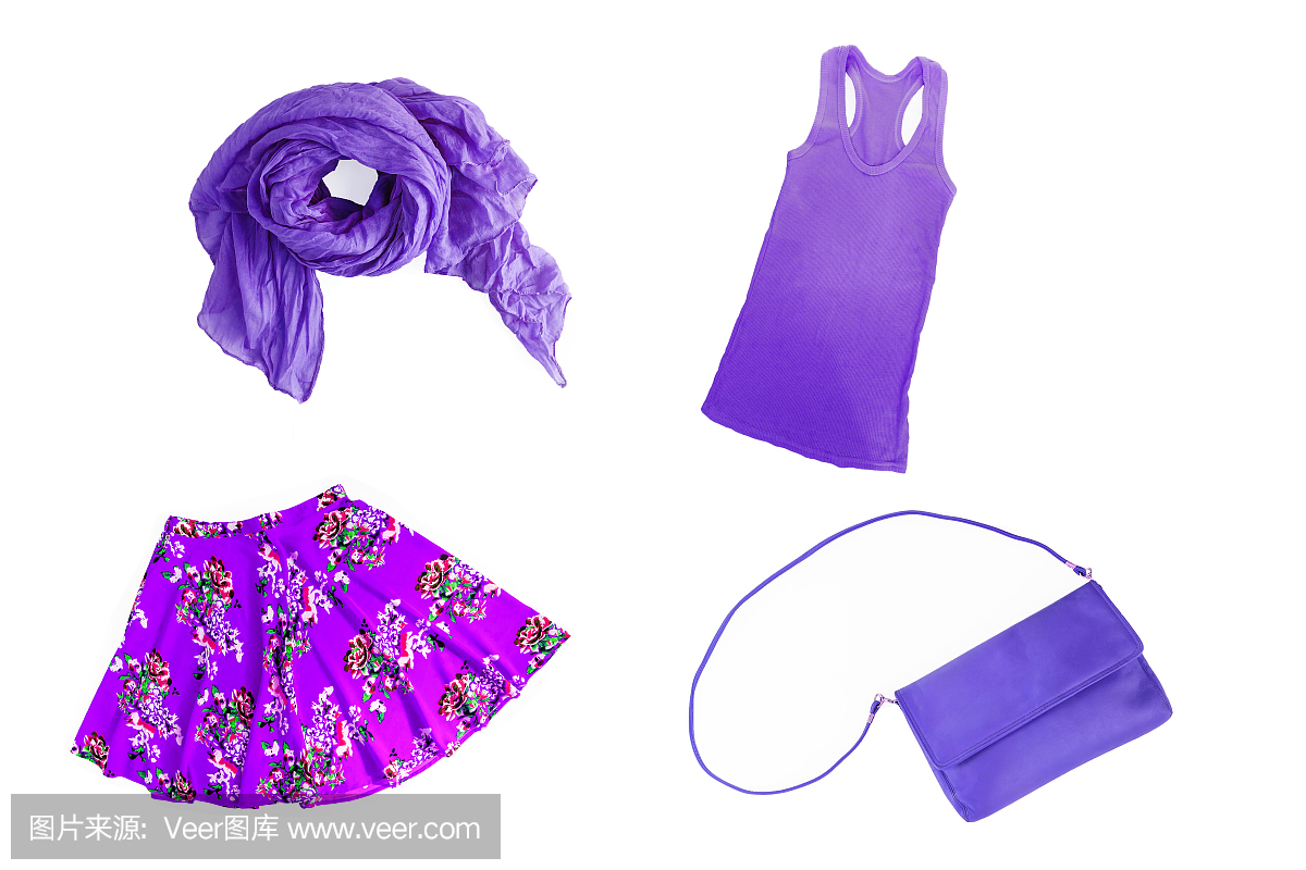拼贴时尚的紫丁香-紫丁香-紫罗兰夏春女性衣服和配件孤立在白色的背景。从以上观点。